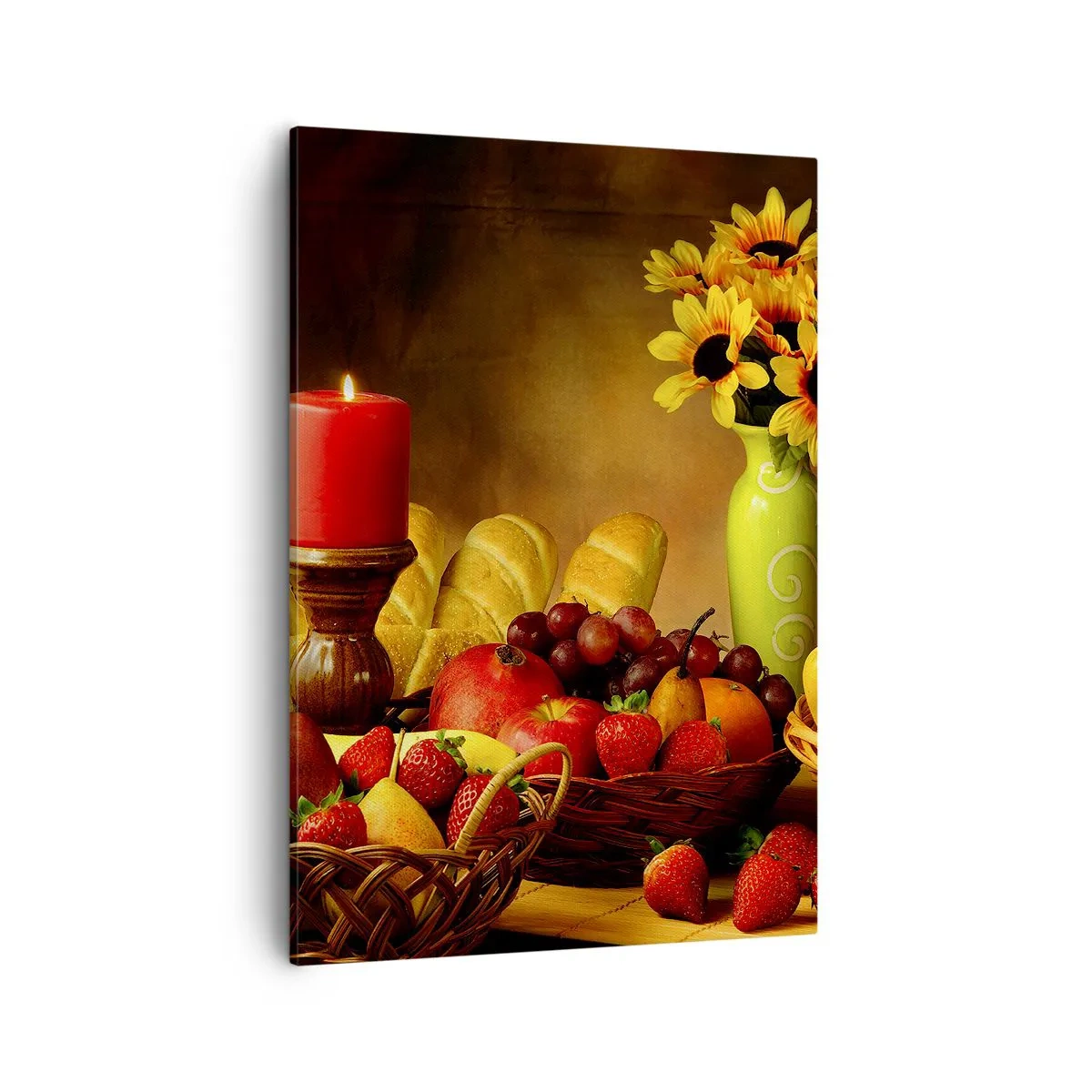 Impression sur toile - Image sur toile - Nature morte avec fruits, pain, bougie et fleurs - 50x70cm - Nature morte de pain et de fruits - Décoration murale moderne pour le salon et la chambre ARTTOR