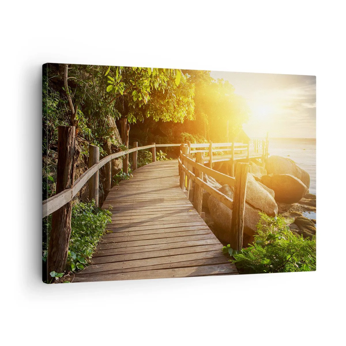 Impression sur toile - Image sur toile - Un pont en bois au milieu de la verdure menant à la mer sous les rayons du soleil - 70x50cm - Un autre tour, un autre miracle - Décoration murale moderne pour le salon et la chambre ARTTOR