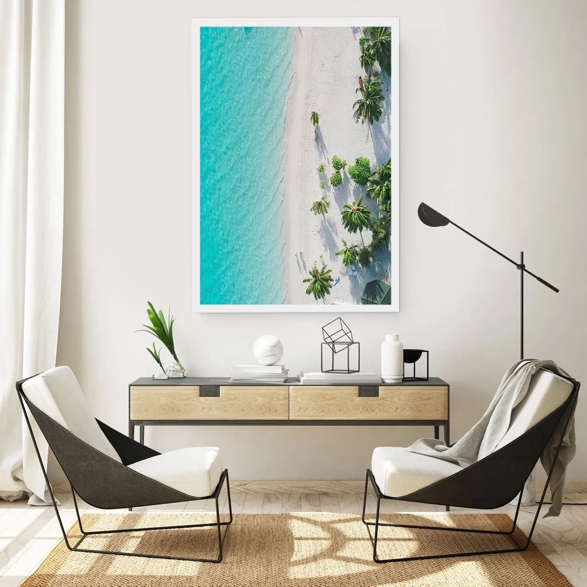 Affiche - Poster - Vue aérienne d'une plage tropicale avec des palmiers et une mer bleue - 50x70cm - Vacances au paradis - Décoration murale moderne pour le salon et la chambre ARTTOR