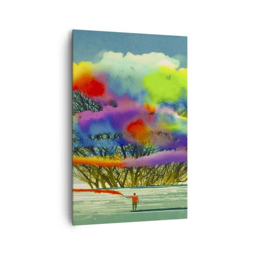 Impression sur toile - Image sur toile - Une silhouette avec de la fumée colorée à l'arrière-plan d'un arbre dans la nature - 80x120cm - Donner vie à ce monde - Décoration murale moderne pour le salon et la chambre ARTTOR