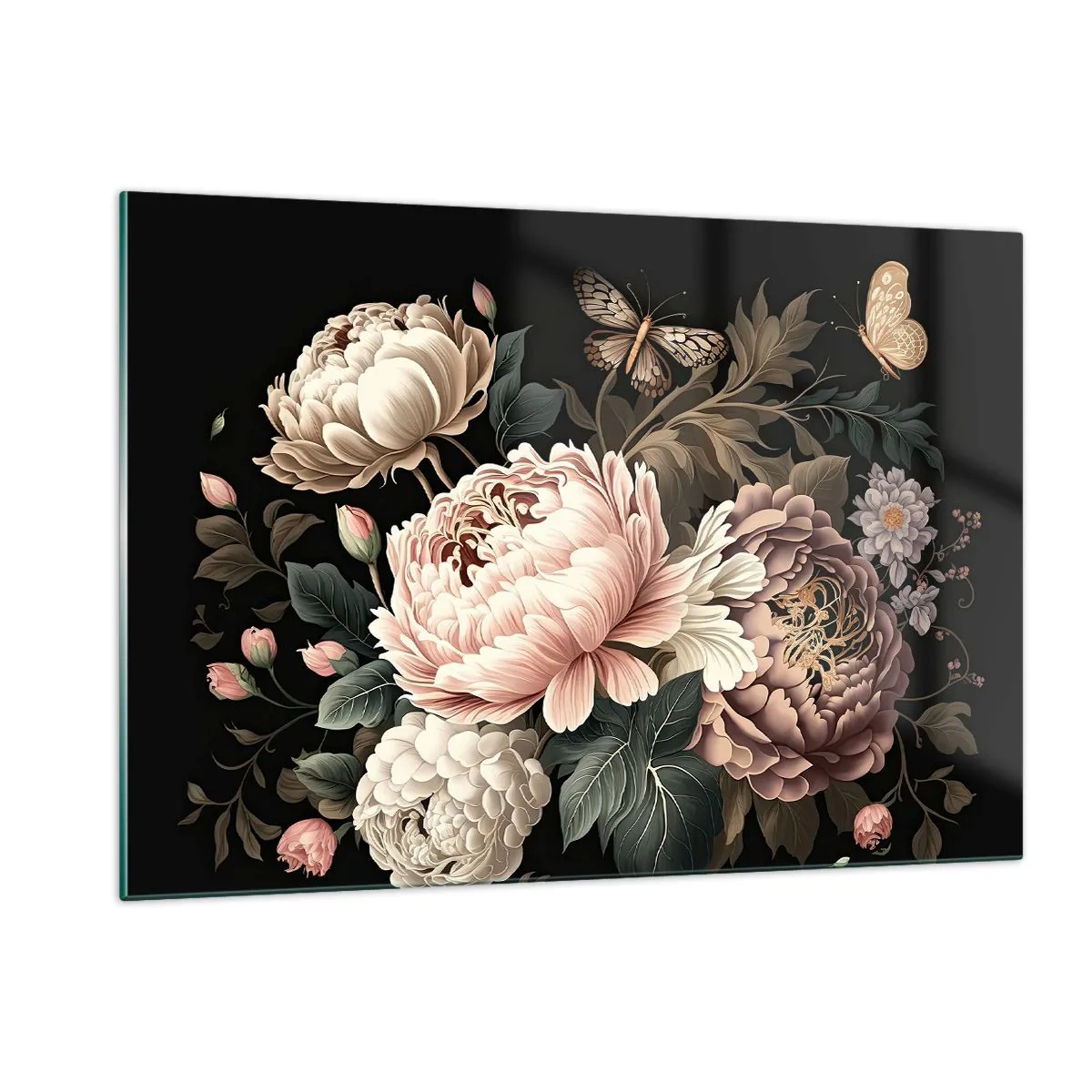 Impression sur verre - Image sur verre - Composition florale avec des papillons sur fond noir - 120x80cm - De style baroque - Décoration murale moderne pour le salon et la chambre ARTTOR