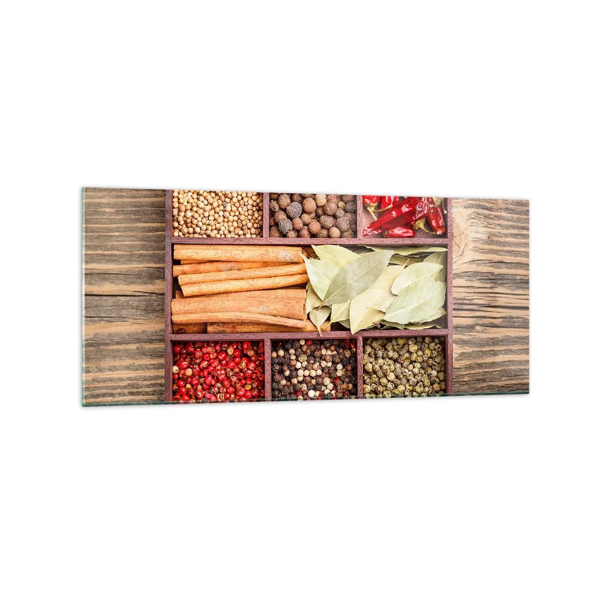 Impression sur verre - Image sur verre - Boîte en bois avec diverses épices dans des compartiments - 120x50cm - Ordre des formes, bouquet d'arômes - Décoration murale moderne pour le salon et la chambre ARTTOR