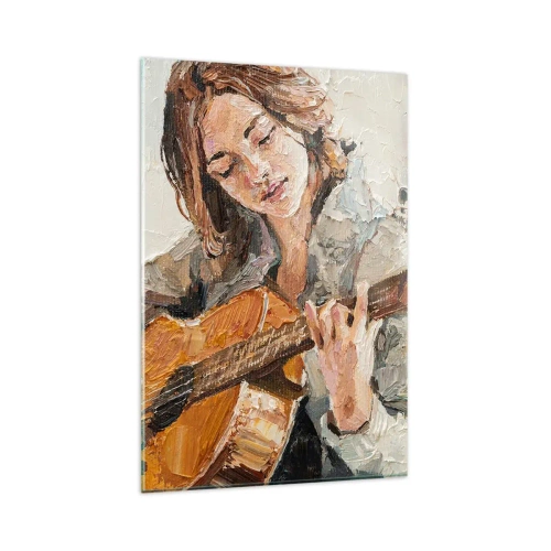 Impression sur verre - Image sur verre - Portrait d'une fille jouant de la guitare dans un style pictural aux couleurs chaudes. - 80x120cm - Concerto pour guitare et coeur de fille - Décoration murale moderne pour le salon et la chambre ARTTOR