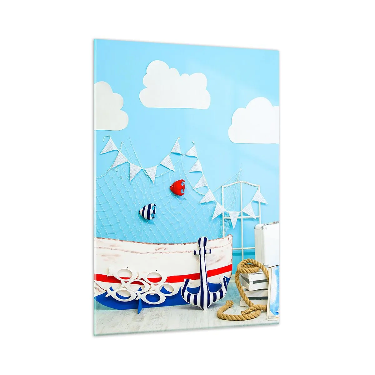 Impression sur verre - Image sur verre - Scène marine décorative avec un bateau et des accessoires nautiques - 50x70cm - Nostalgie infantile de l'aventure - Décoration murale moderne pour le salon et la chambre ARTTOR
