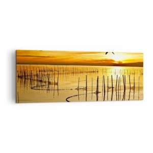 Impression sur toile - Image sur toile - Coucher de soleil sur l'eau avec des oiseaux en vol - 140x50cm - À la pêche - Décoration murale moderne pour le salon et la chambre ARTTOR