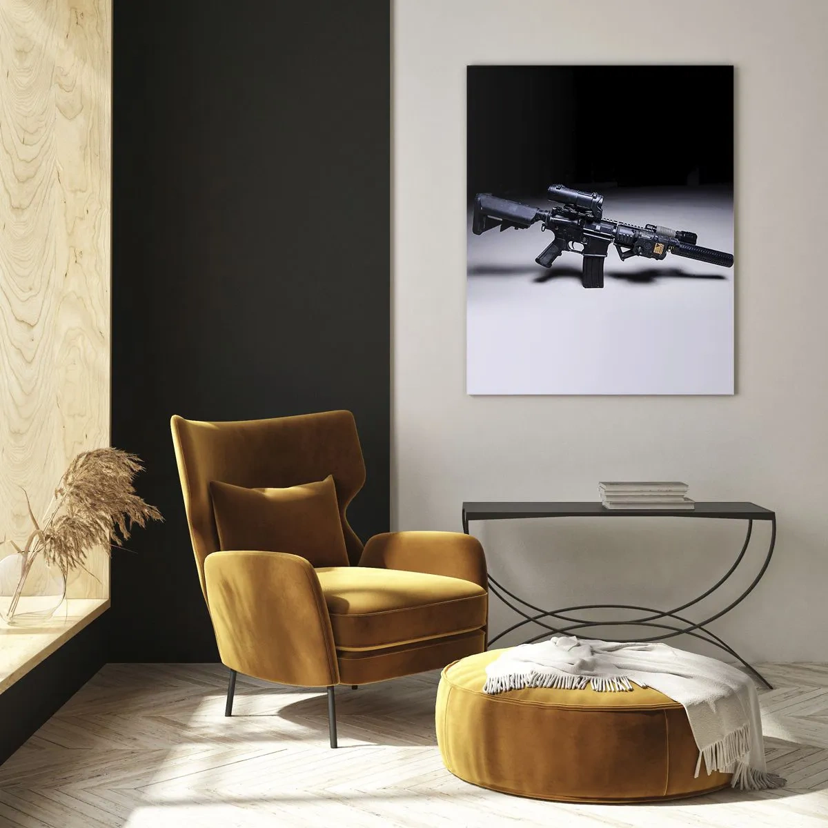 Impression sur verre - Image sur verre - Un fusil moderne en noir sur fond sombre - 80x120cm - Chevalier ténébreux - Décoration murale moderne pour le salon et la chambre ARTTOR