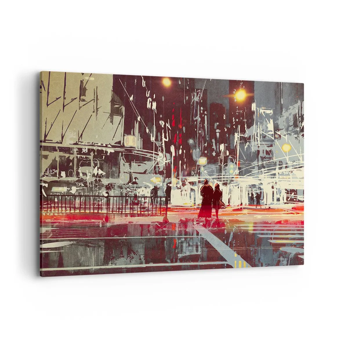 Impression sur toile - Image sur toile - Ville la nuit avec des néons et des silhouettes de personnes dans la rue - 100x70cm - Une grande traversée de ville - Décoration murale moderne pour le salon et la chambre ARTTOR