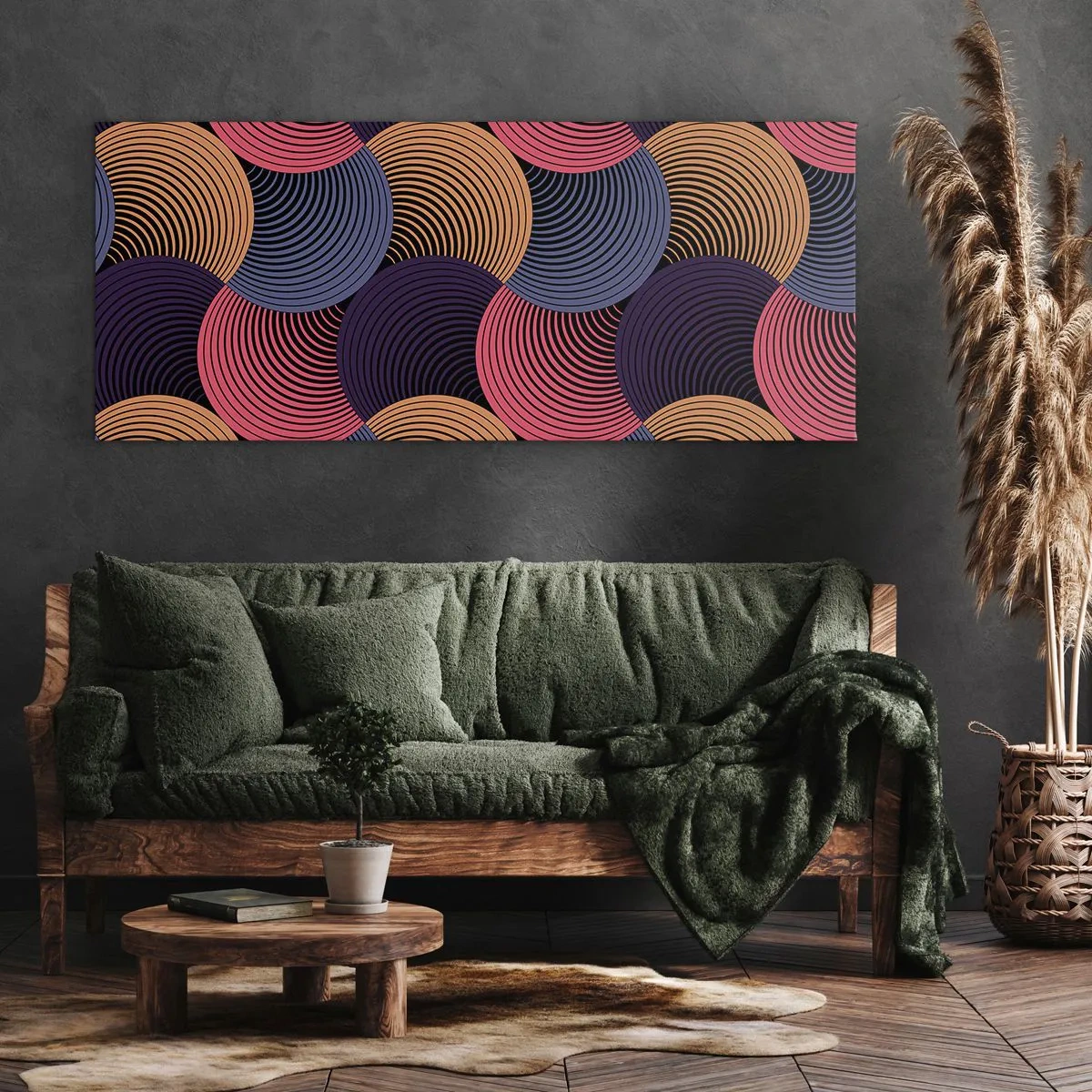Impression sur toile - Image sur toile - Cercles géométriques dans des tons de rose, violet et or - 120x50cm - Dans un rythme circulaire - Décoration murale moderne pour le salon et la chambre ARTTOR