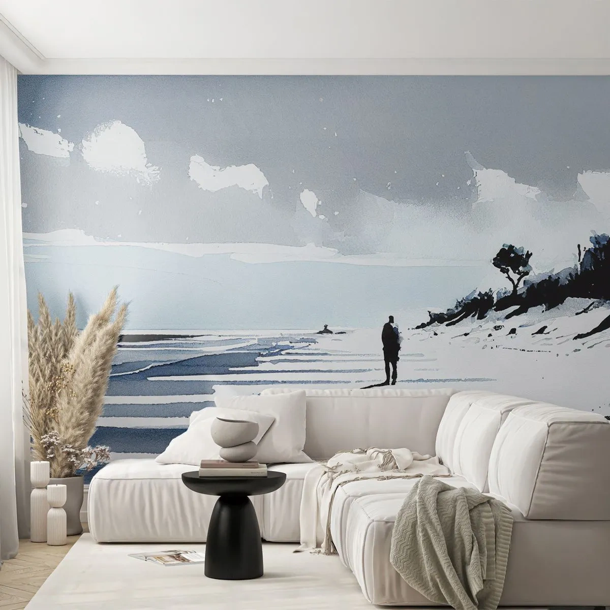 Papier Peint Photo Standard Eco - Une silhouette solitaire marche le long d'une plage déserte dans des tons de gris. - 100x70cm - Seul à seul - Décoration murale moderne pour le salon et la chambre ARTTOR