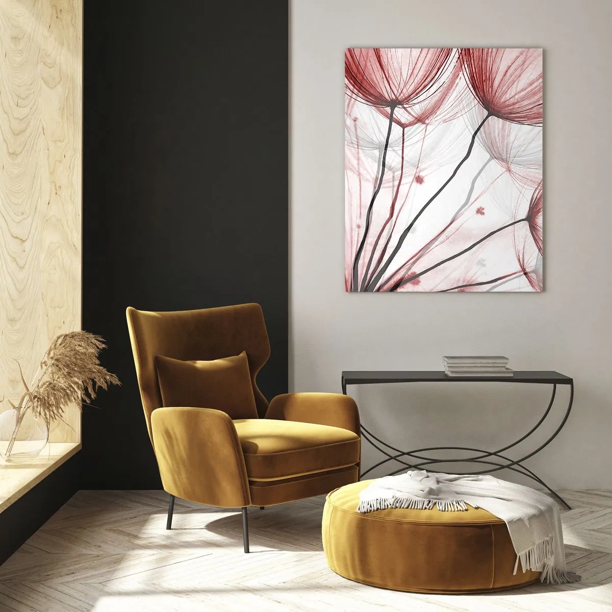 Impression sur verre - Image sur verre - Pissenlits subtils dans des tons de rose et de noir - 50x70cm - Avant le départ - Décoration murale moderne pour le salon et la chambre ARTTOR