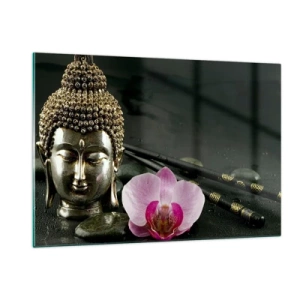 Impression sur verre - Image sur verre - Tête bouddhiste avec une fleur rose sur un fond de pierres - 120x80cm - Harmonie de la sagesse et de la beauté - Décoration murale moderne pour le salon et la chambre ARTTOR