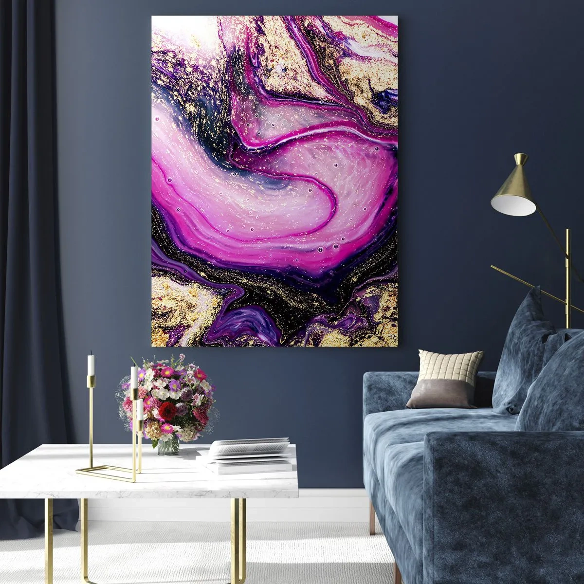 Impression sur verre - Image sur verre - Vagues abstraites dans des tons violets et dorés - 70x100cm - Un instant dans les coulisses - Décoration murale moderne pour le salon et la chambre ARTTOR