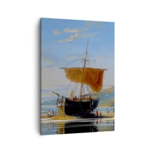 Impression sur toile - Image sur toile - Un bateau au bord de la mer par une journée ensoleillée - 50x70cm - Eau, terre, air - Décoration murale moderne pour le salon et la chambre ARTTOR