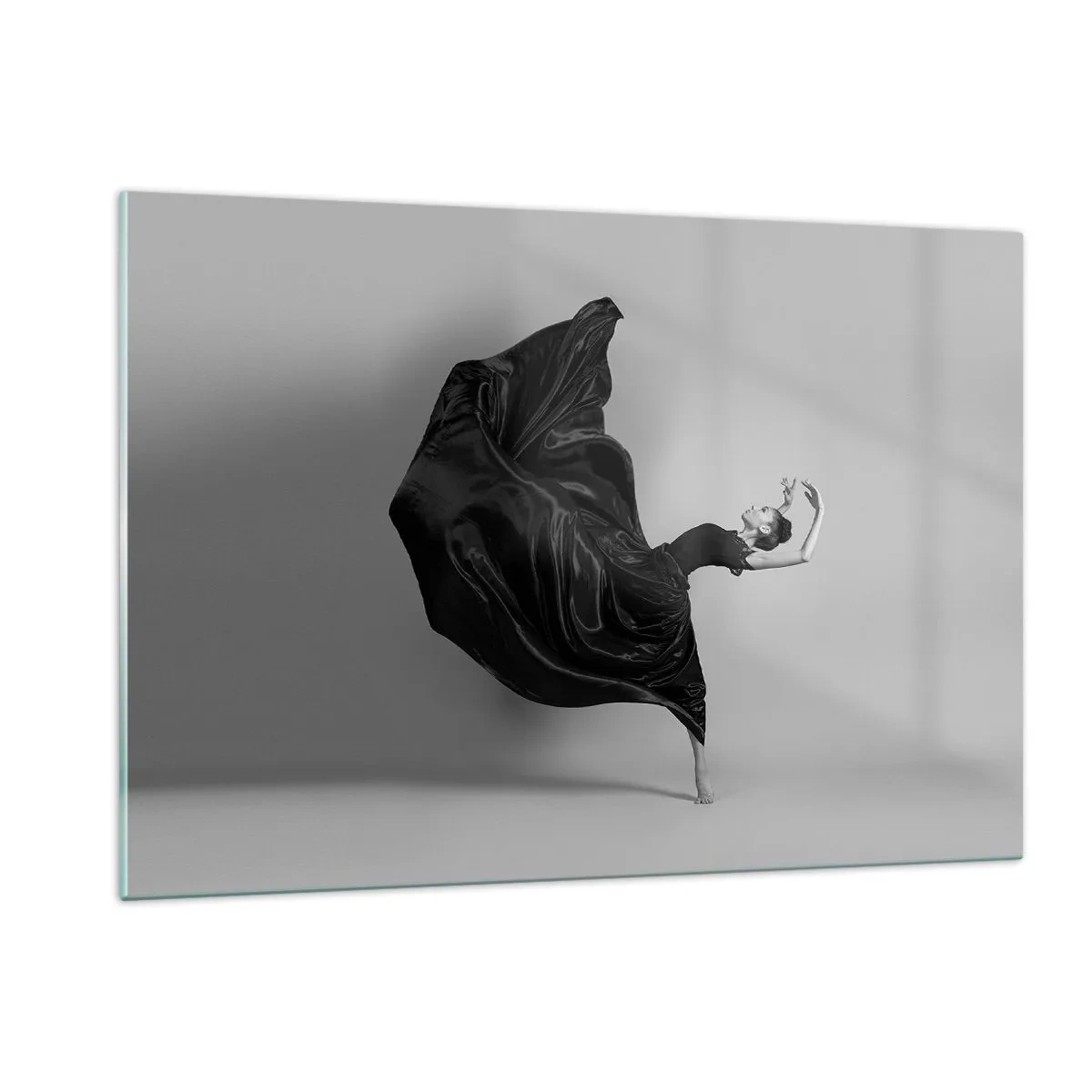 Impression sur verre - Image sur verre - Une danseuse en robe noire flottant dynamiquement dans les airs - 120x80cm - Musique ailées - Décoration murale moderne pour le salon et la chambre ARTTOR