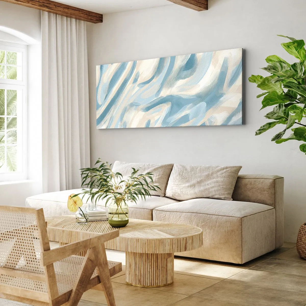 Impression sur toile - Image sur toile - Des stries bleues abstraites sur un fond clair - 120x50cm - Brise printanière - Décoration murale moderne pour le salon et la chambre ARTTOR