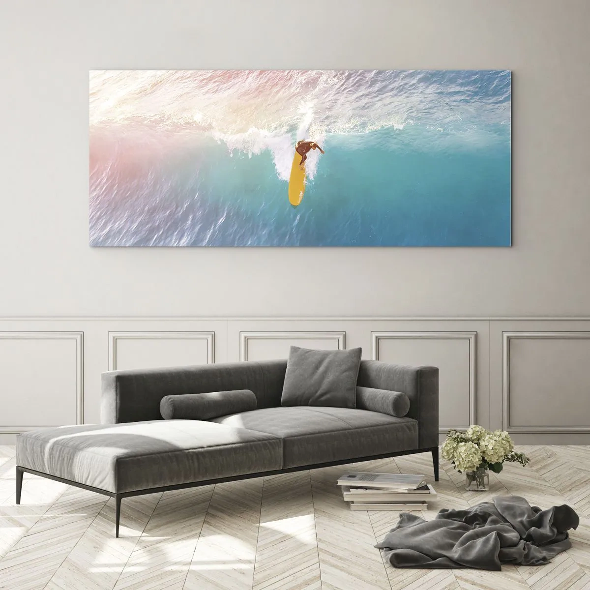 Impression sur verre - Image sur verre - Surfeur sur une vague aux couleurs pastel - 120x50cm - Le cavalier de l'océan - Décoration murale moderne pour le salon et la chambre ARTTOR