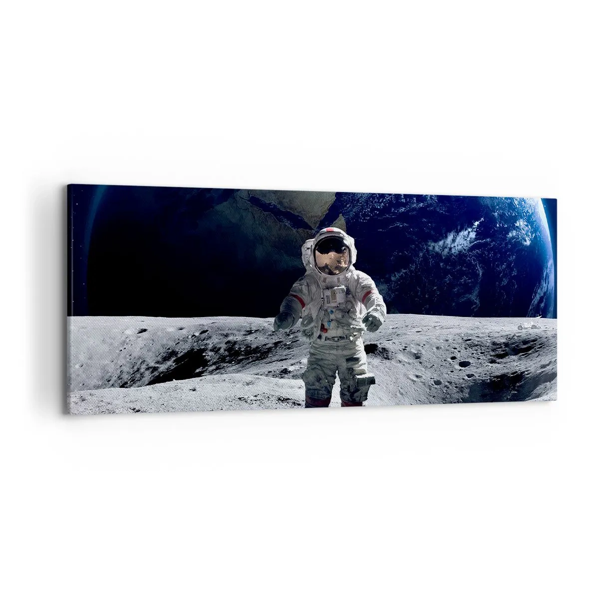 Impression sur toile - Image sur toile - Astronaute à la surface de la Lune avec la Terre en arrière-plan - 120x50cm - Salutations de la lune - Décoration murale moderne pour le salon et la chambre ARTTOR