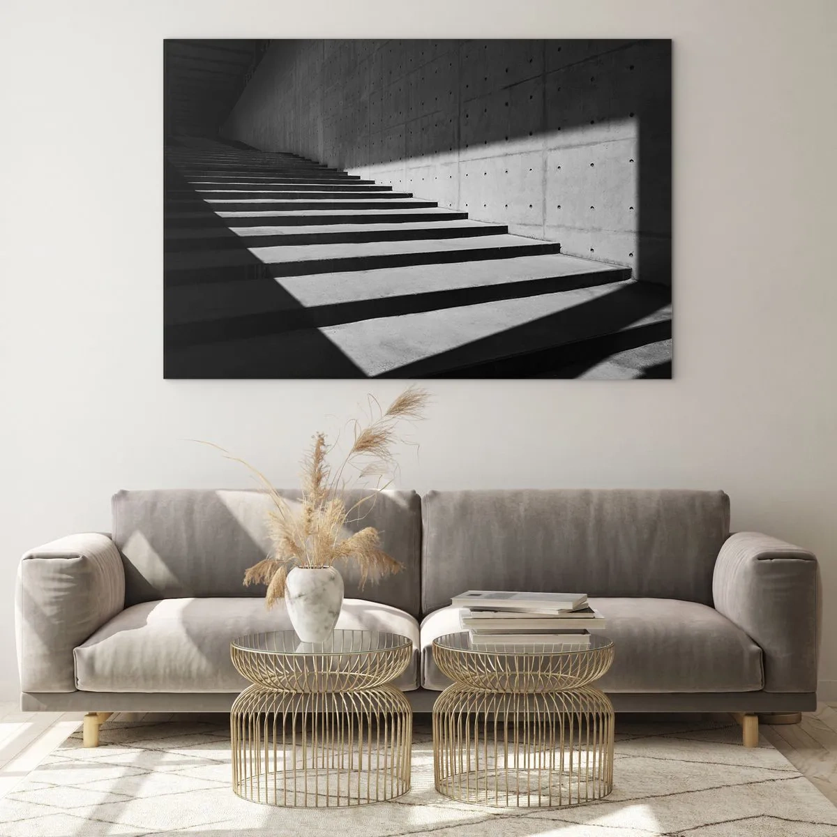 Impression sur verre - Image sur verre - Escaliers en béton dans une lumière vive et une ombre dans un style moderne - 120x80cm - La beauté brute du modernisme - Décoration murale moderne pour le salon et la chambre ARTTOR