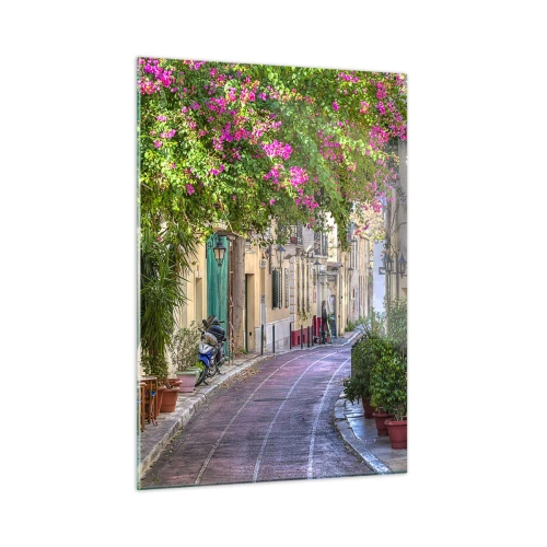 Impression sur verre - Image sur verre - Une charmante rue avec des arbres en fleurs - 50x70cm - Allée fleurie - Décoration murale moderne pour le salon et la chambre ARTTOR