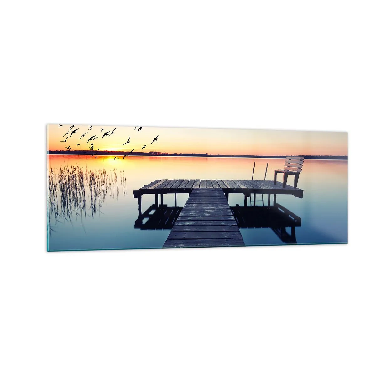 Impression sur verre - Image sur verre - Jetée en bois sur un lac au lever du soleil avec des oiseaux - 140x50cm - C'était une bonne journée - Décoration murale moderne pour le salon et la chambre ARTTOR
