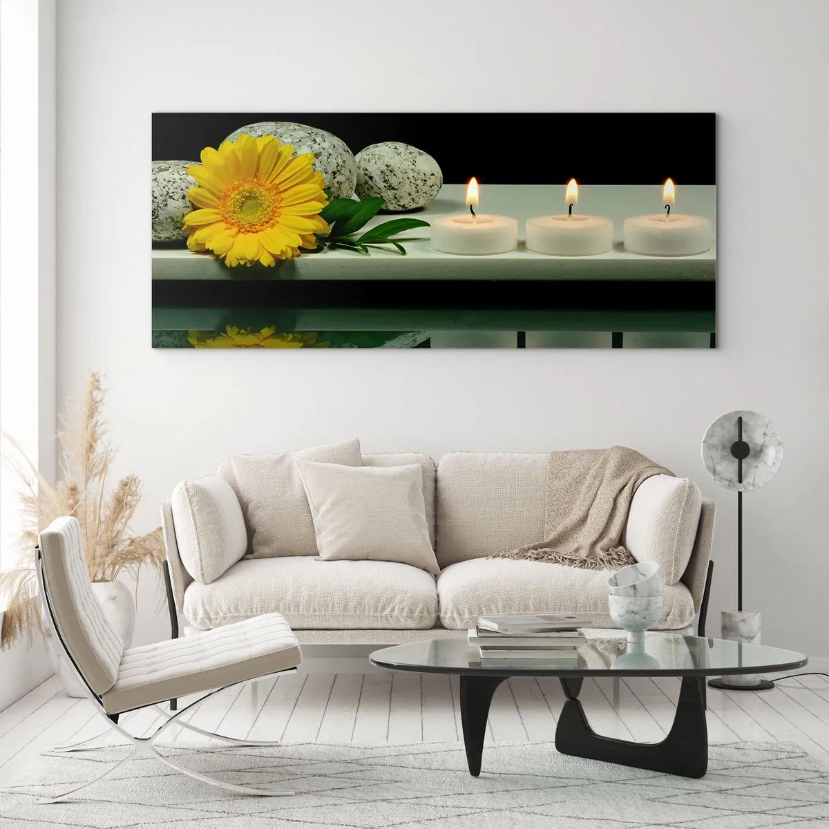 Impression sur verre - Image sur verre - Fleur jaune, bougies et pierres sur fond d'eau - 120x50cm - Apaisement des sens - Décoration murale moderne pour le salon et la chambre ARTTOR