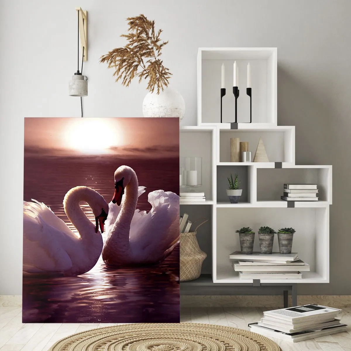 Impression sur verre - Image sur verre - Deux cygnes sur un lac calme au coucher du soleil - 70x100cm - Jusqu'à ce que la mort nous sépare - Décoration murale moderne pour le salon et la chambre ARTTOR