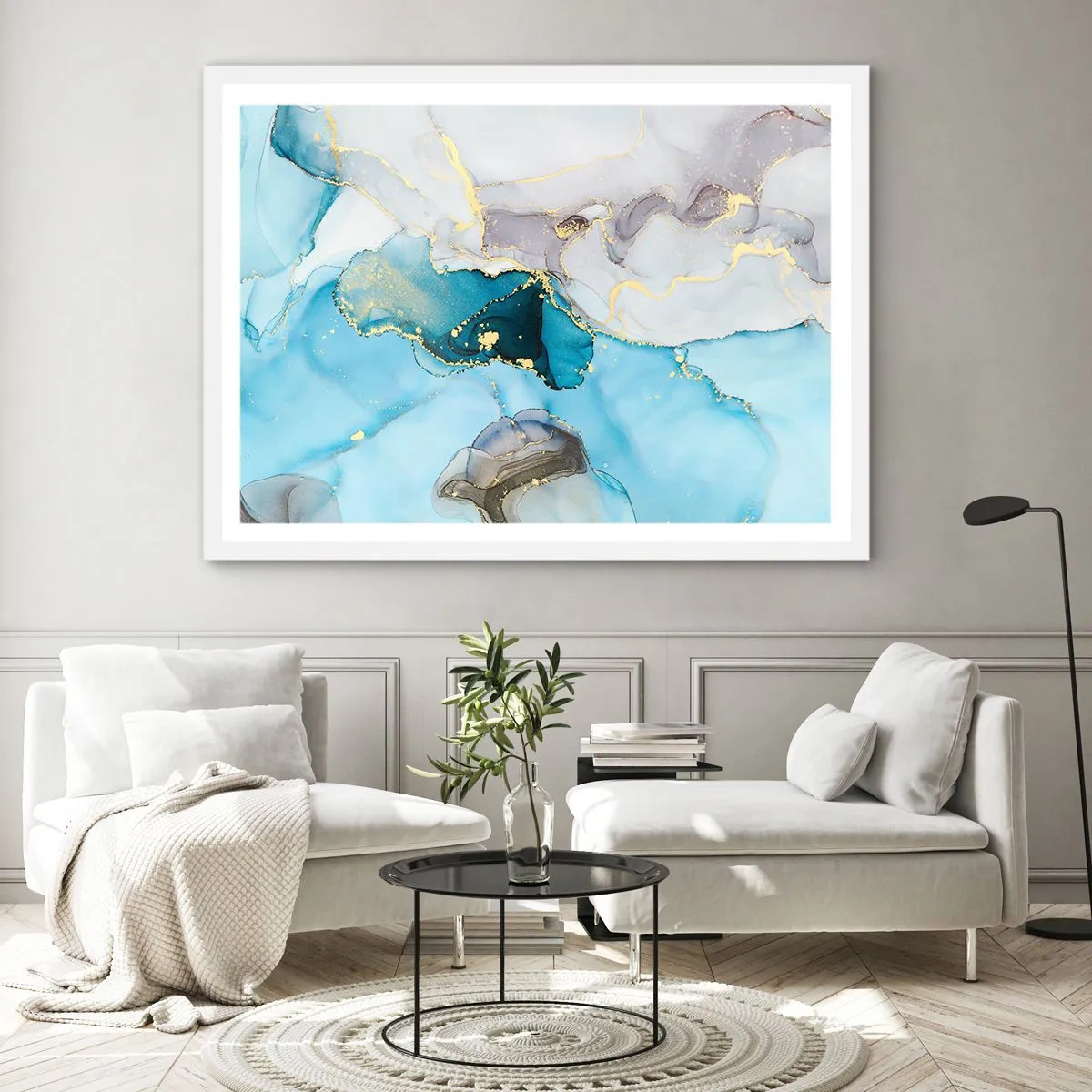 Affiche dans un cadre blanc - Poster - Etude de la rencontre gris et turquoise - 91x61 cm