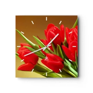 Horloge murale - Pendule murale - Un bouquet de tulipes rouges sur fond doré avec des feuilles vertes. - 30x30cm - Amas de joie printanière - Décoration murale moderne pour le salon et la chambre ARTTOR