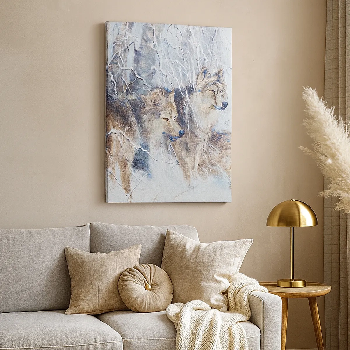 Impression sur toile - Image sur toile - Loups dans une forêt hivernale sur fond de neige - 50x70cm - Attention! Ca arrive ... - Décoration murale moderne pour le salon et la chambre ARTTOR