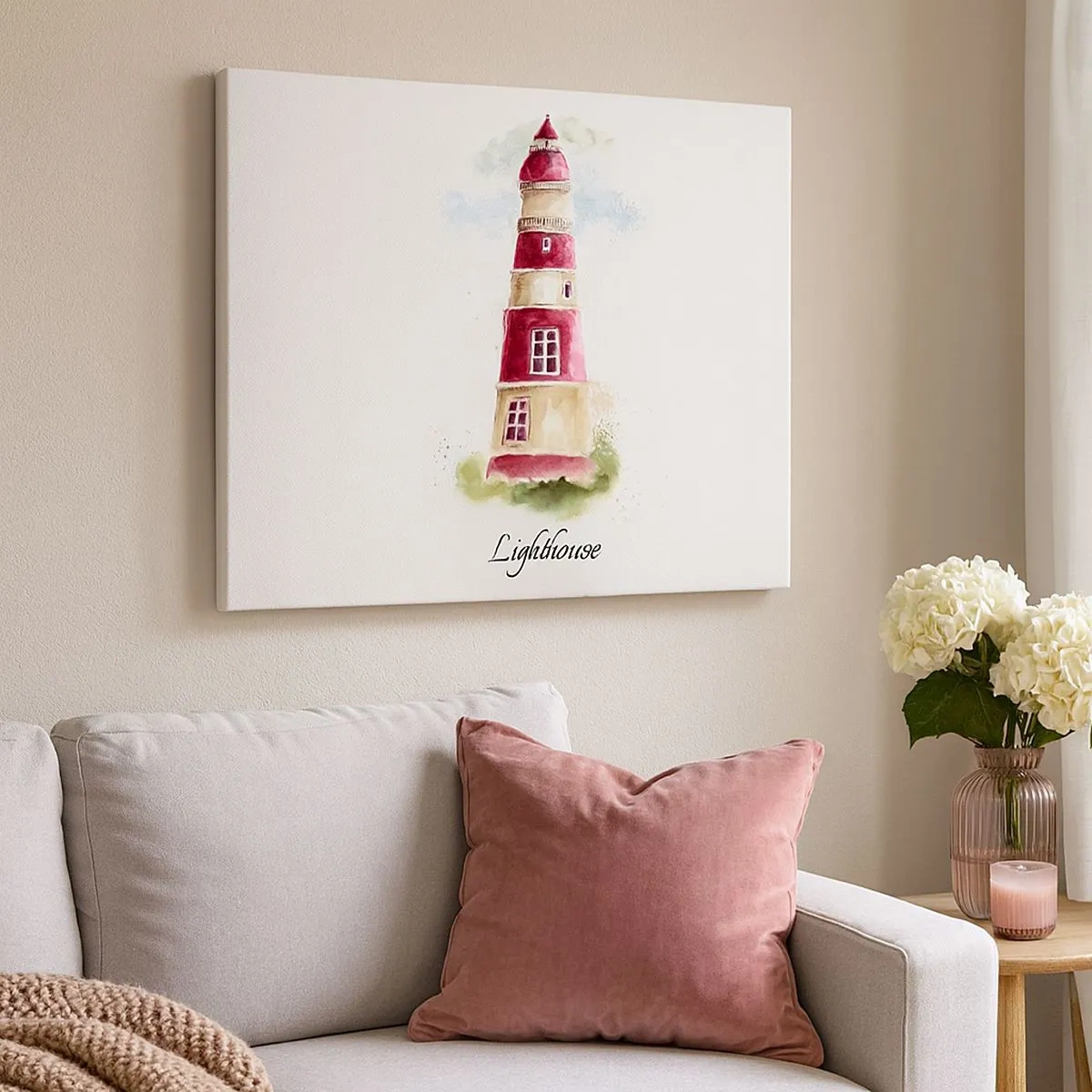 Impression sur toile - Image sur toile - Une aquarelle représentant un phare sur fond clair avec une inscription - 70x50cm - Il y a toujours beau temps autour - Décoration murale moderne pour le salon et la chambre ARTTOR