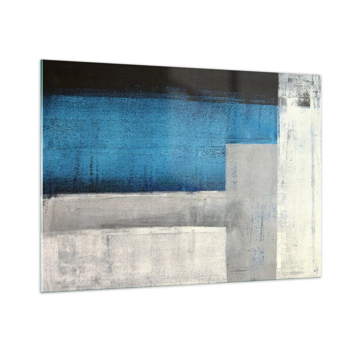 Impression sur verre - Image sur verre - Abstraction géométrique en bleu, gris et blanc - 100x70cm - Une composition poétique de gris et de bleu - Décoration murale moderne pour le salon et la chambre ARTTOR