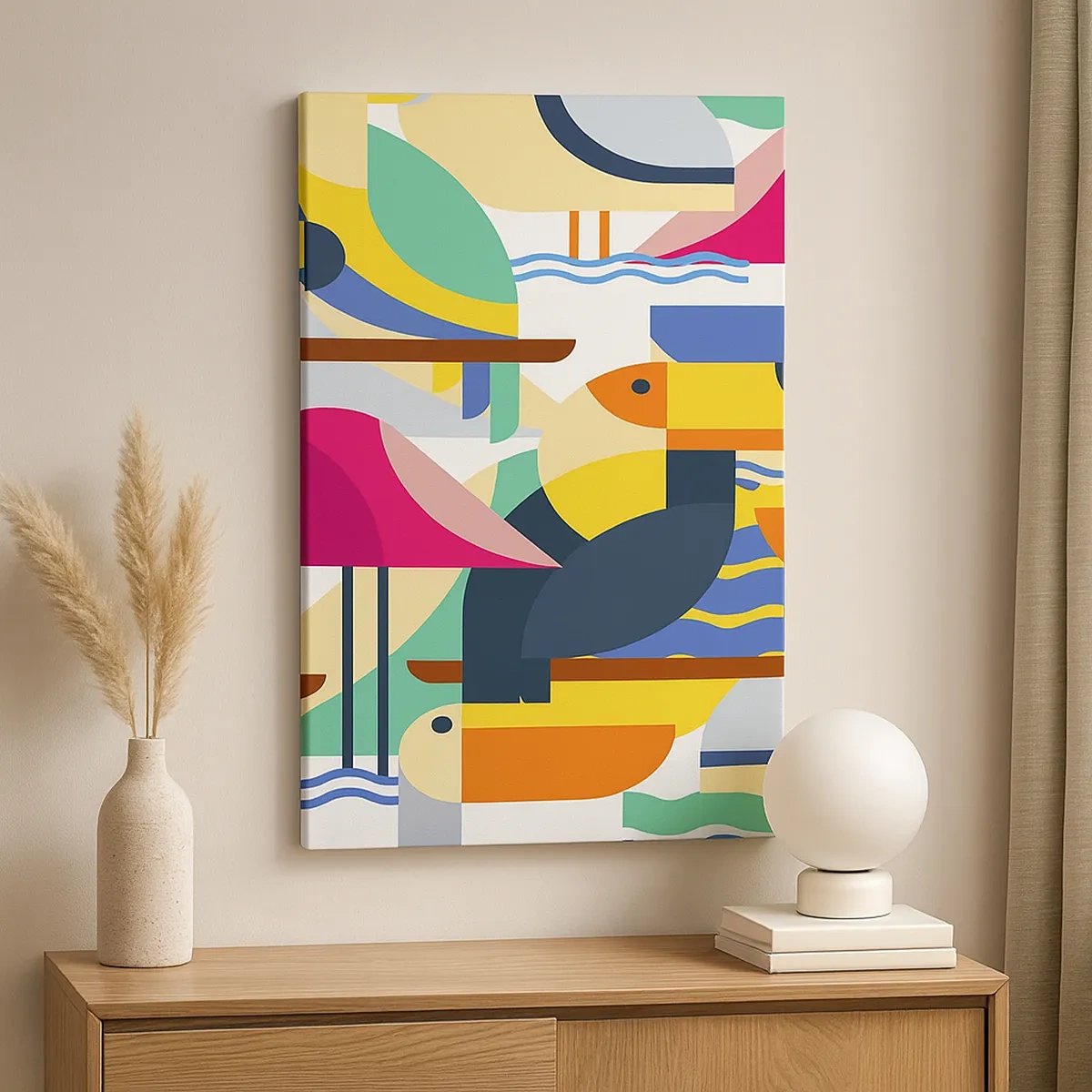 Impression sur toile - Image sur toile - Oiseaux colorés dans une composition abstraite et géométrique - 50x70cm - Fête des oiseaux - Décoration murale moderne pour le salon et la chambre ARTTOR