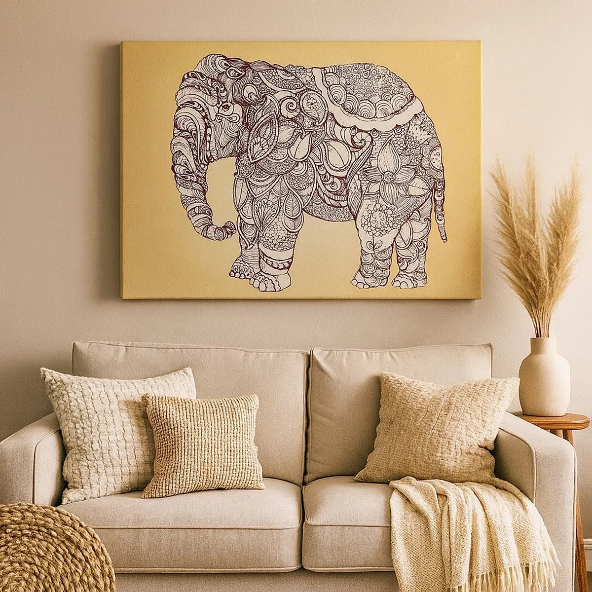 Impression sur toile - Image sur toile - Éléphant dessiné à la main avec un motif orné sur un fond beige - 70x50cm - L'éléphant s'est apprêté - Décoration murale moderne pour le salon et la chambre ARTTOR