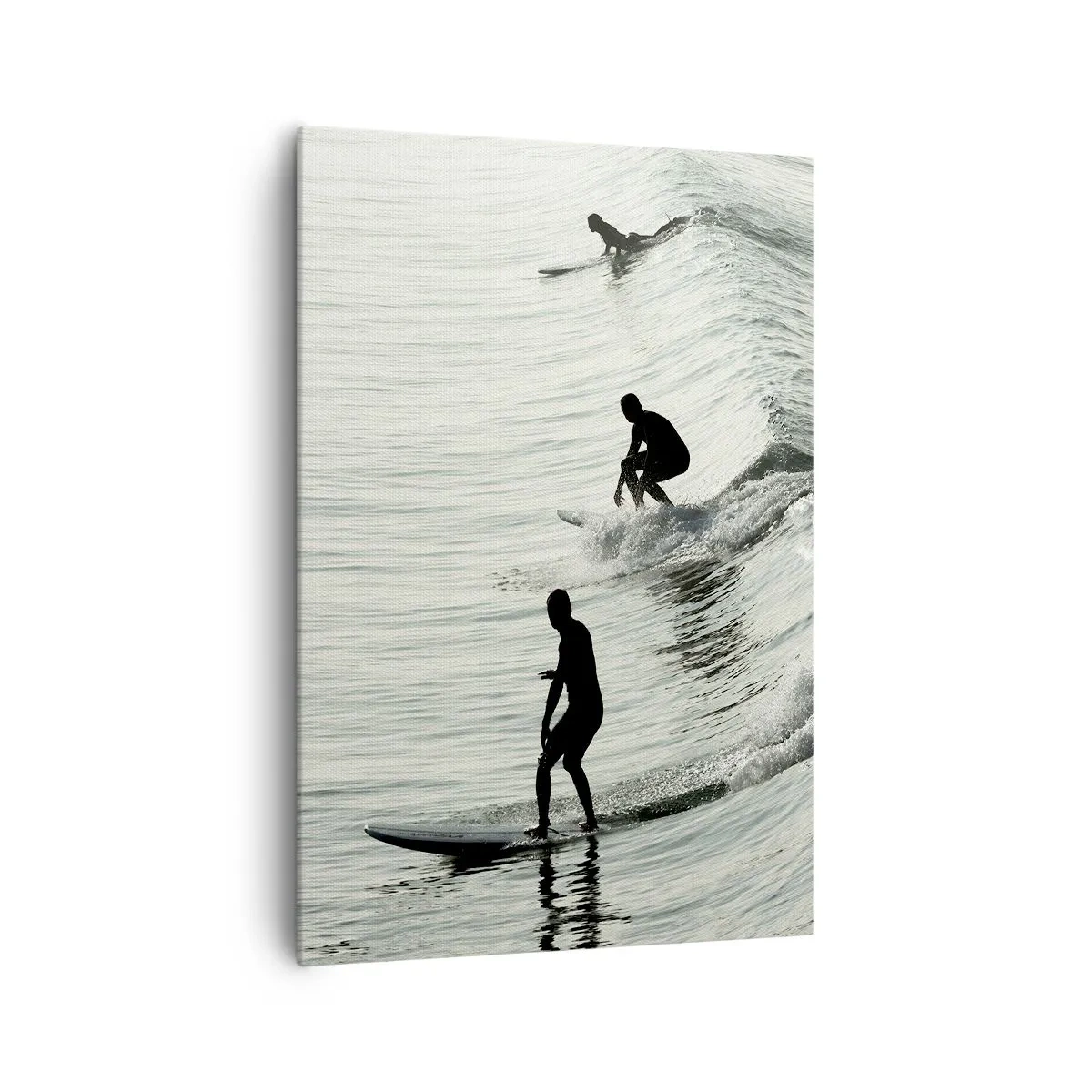 Impression sur toile - Image sur toile - Surfeurs sur les vagues dans une photo monochrome - 70x100cm - A la rencontre de la vague - Décoration murale moderne pour le salon et la chambre ARTTOR