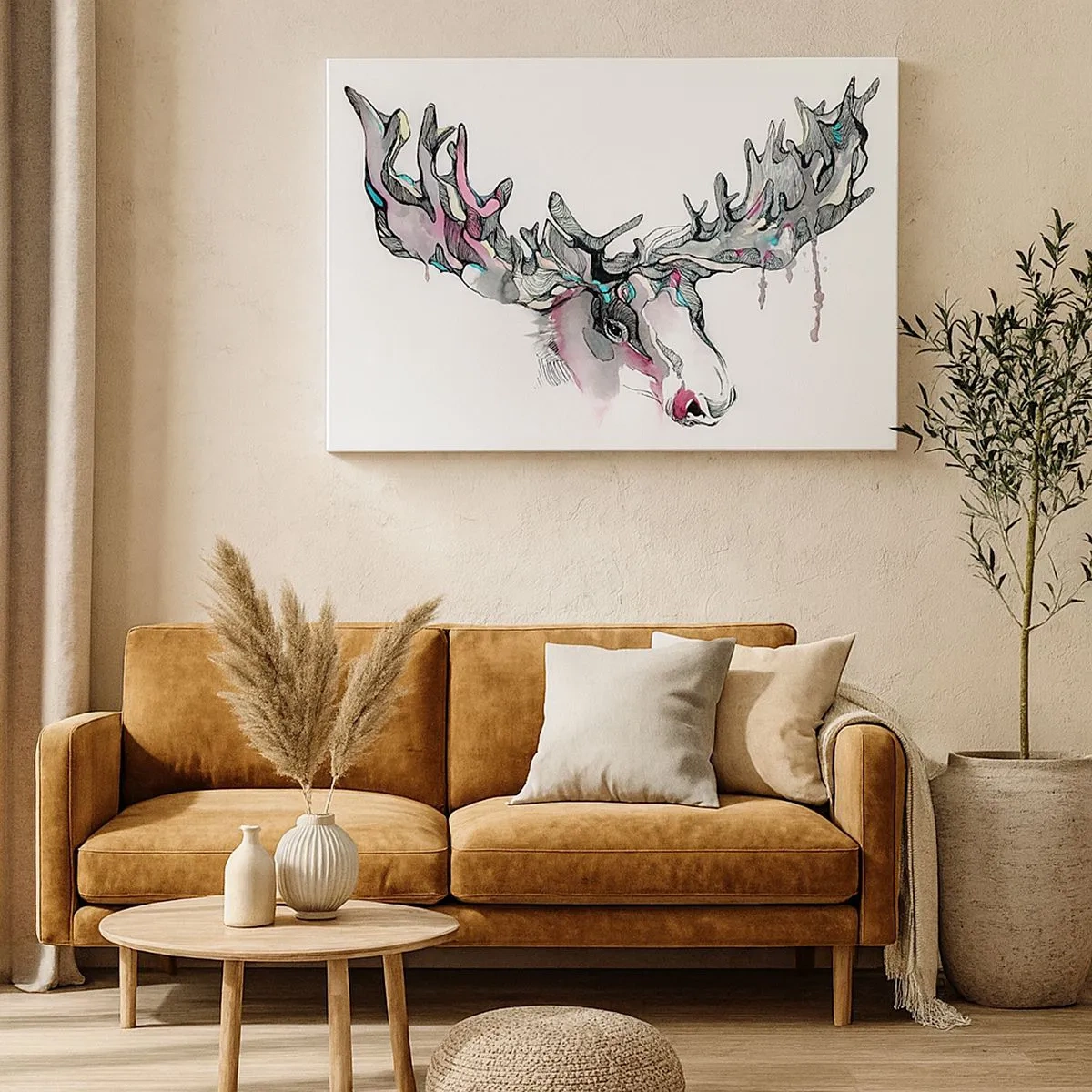 Impression sur toile - Image sur toile - Aquarelle artistique d'un élan aux bois riches - 70x50cm - Couronne du roi de la forêt - Décoration murale moderne pour le salon et la chambre ARTTOR