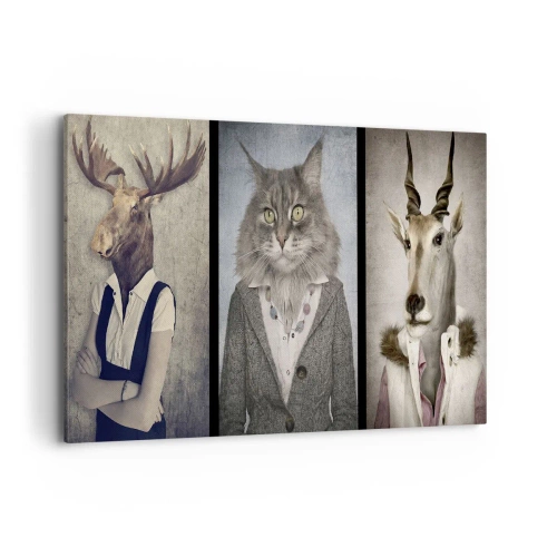 Impression sur toile - Image sur toile - Un triptyque avec des figures animales en vêtements élégants sur un fond stylisé - 120x80cm - La fourrure revient à la mode - Décoration murale moderne pour le salon et la chambre ARTTOR