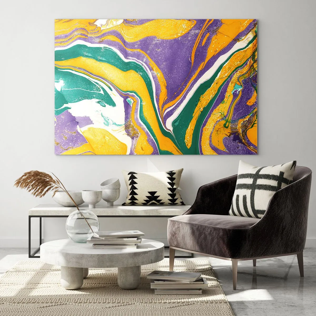 Impression sur verre - Image sur verre - Motif de vagues abstrait en jaune, violet et vert - 100x70cm - Ondes de couleur - Décoration murale moderne pour le salon et la chambre ARTTOR