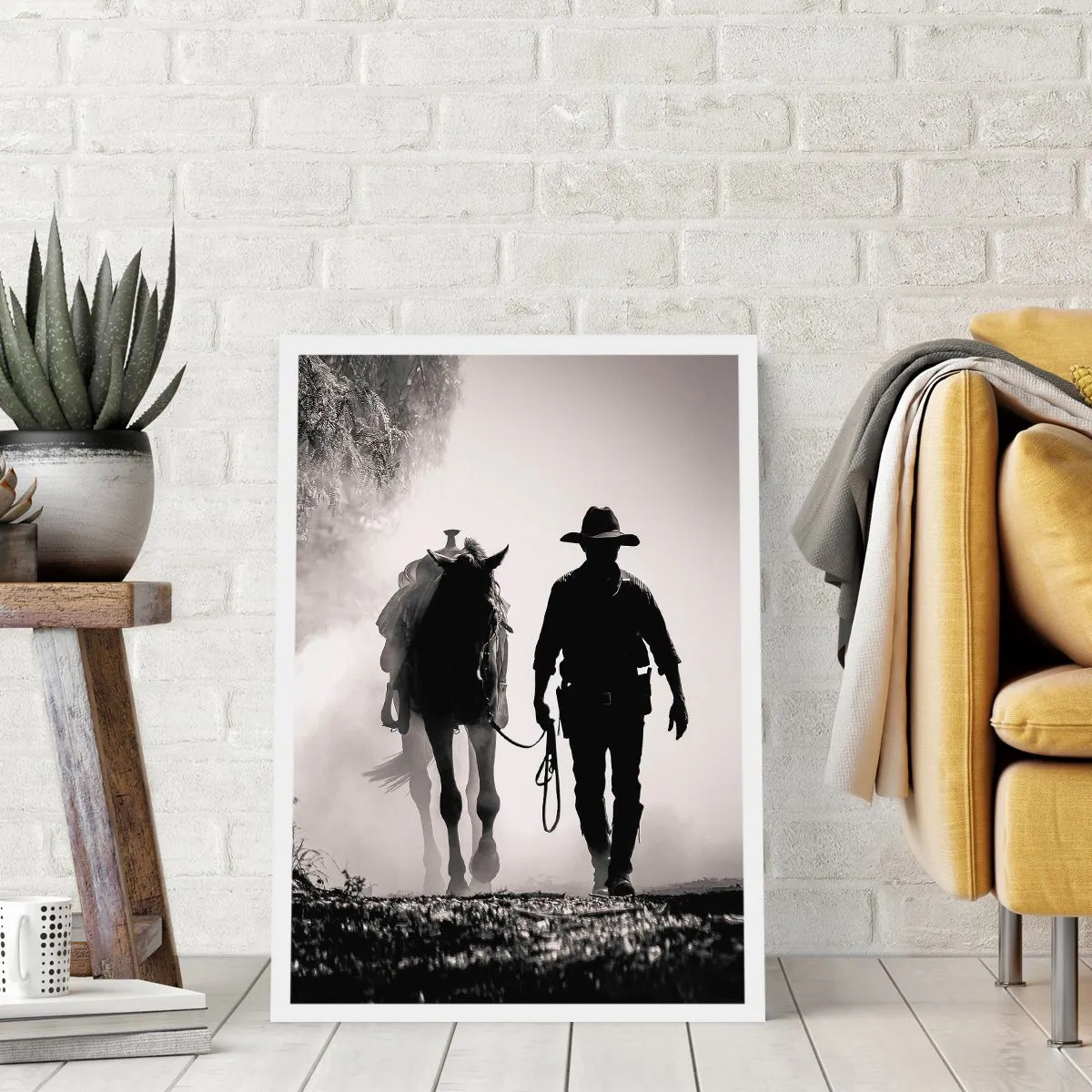Affiche - Poster - Silhouette d'un cow-boy avec son cheval dans le brouillard matinal - 50x70cm - Matinée texane - Décoration murale moderne pour le salon et la chambre ARTTOR