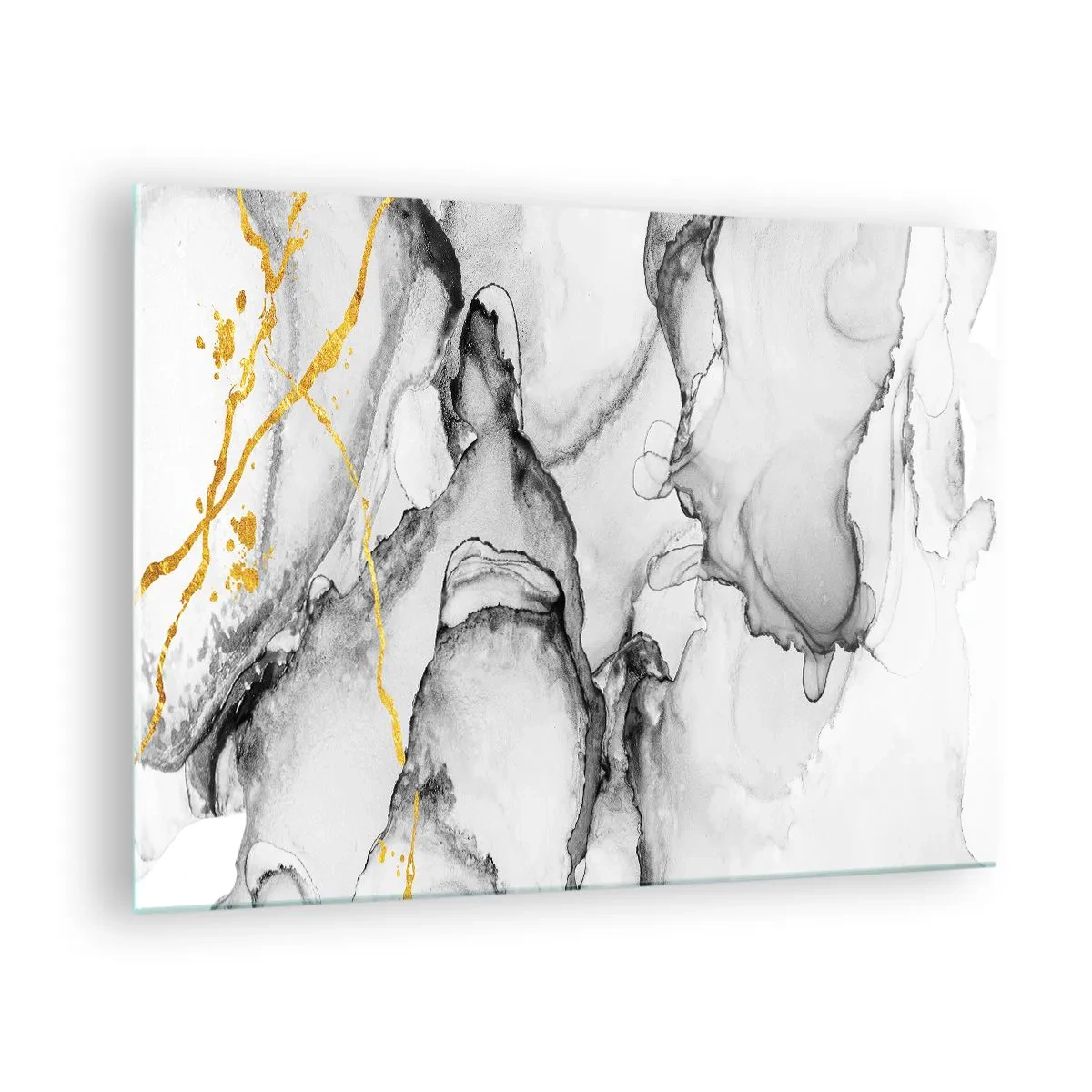Impression sur verre - Image sur verre - Composition abstraite en noir et blanc avec une touche d'or - 70x50cm - Composition à motif or - Décoration murale moderne pour le salon et la chambre ARTTOR
