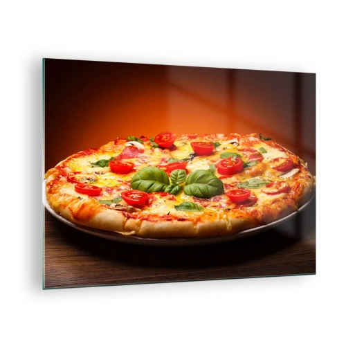 Impression sur verre - Image sur verre - Pizza aux tomates, basilic et fromage fondu - 70x50cm - Mamma mia! - Décoration murale moderne pour le salon et la chambre ARTTOR
