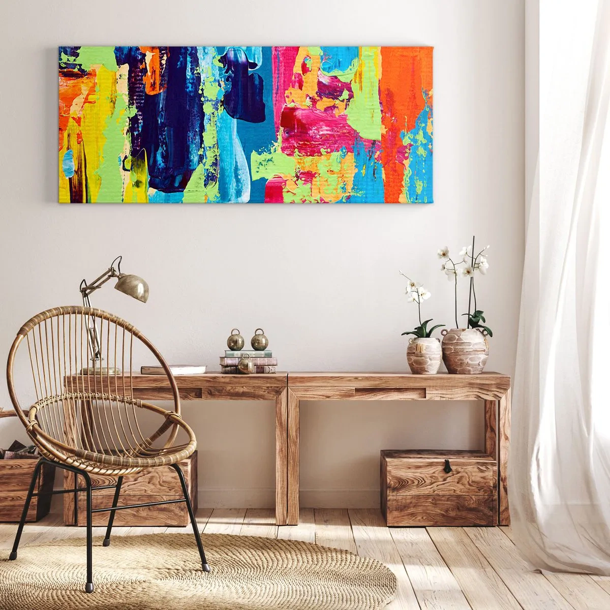 Impression sur toile - Image sur toile - Composition abstraite de couleurs sous une forme dynamique - 140x50cm - La vie est belle! - Décoration murale moderne pour le salon et la chambre ARTTOR