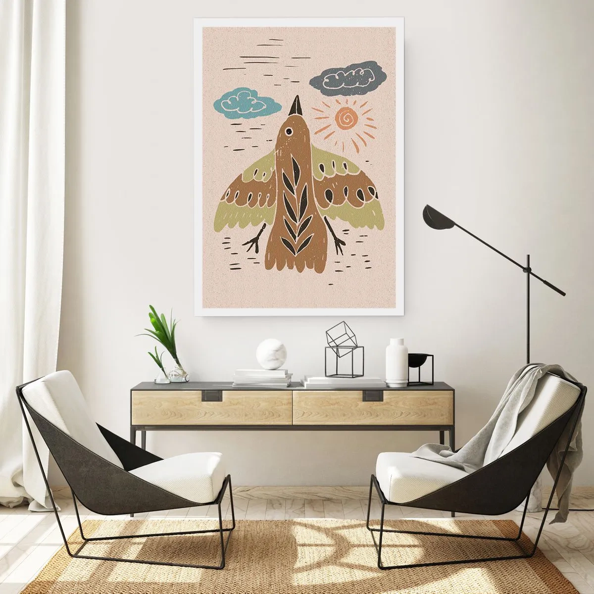 Affiche - Poster - Une illustration colorée d'un oiseau en vol, avec des nuages et le soleil en arrière-plan. - 50x70cm - Bon vol - Décoration murale moderne pour le salon et la chambre ARTTOR