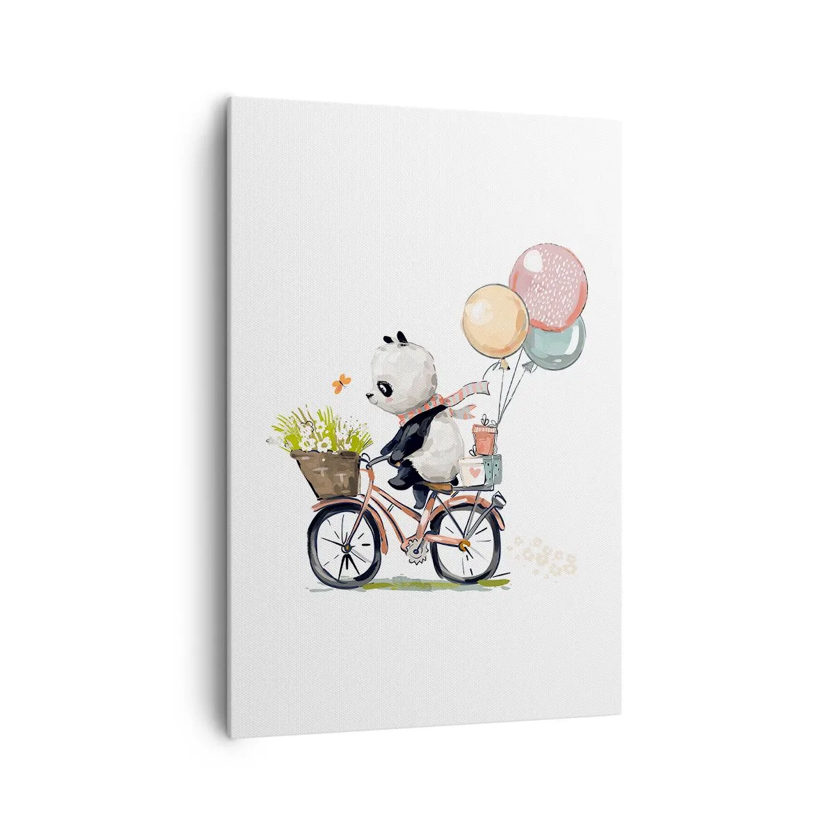 Impression sur toile - Image sur toile - Panda sur un vélo avec des ballons et des fleurs - 70x100cm - Jour de chance - Décoration murale moderne pour le salon et la chambre ARTTOR
