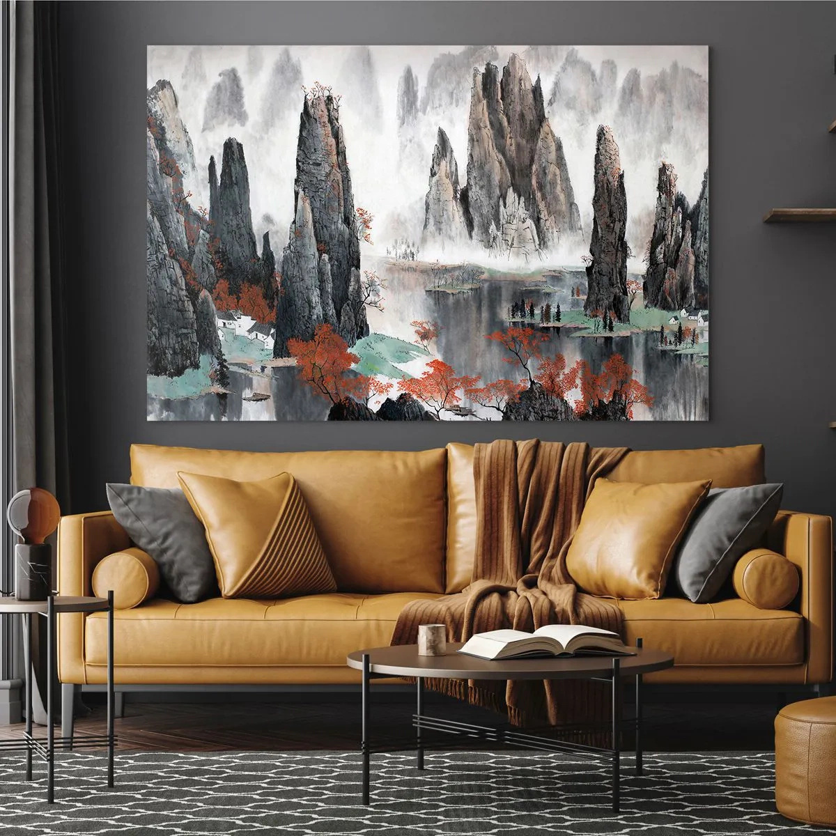 Impression sur verre - Image sur verre - Un paysage de montagne pittoresque avec des sommets brumeux et des arbres rouges - 120x80cm - De puissants gardiens - Décoration murale moderne pour le salon et la chambre ARTTOR