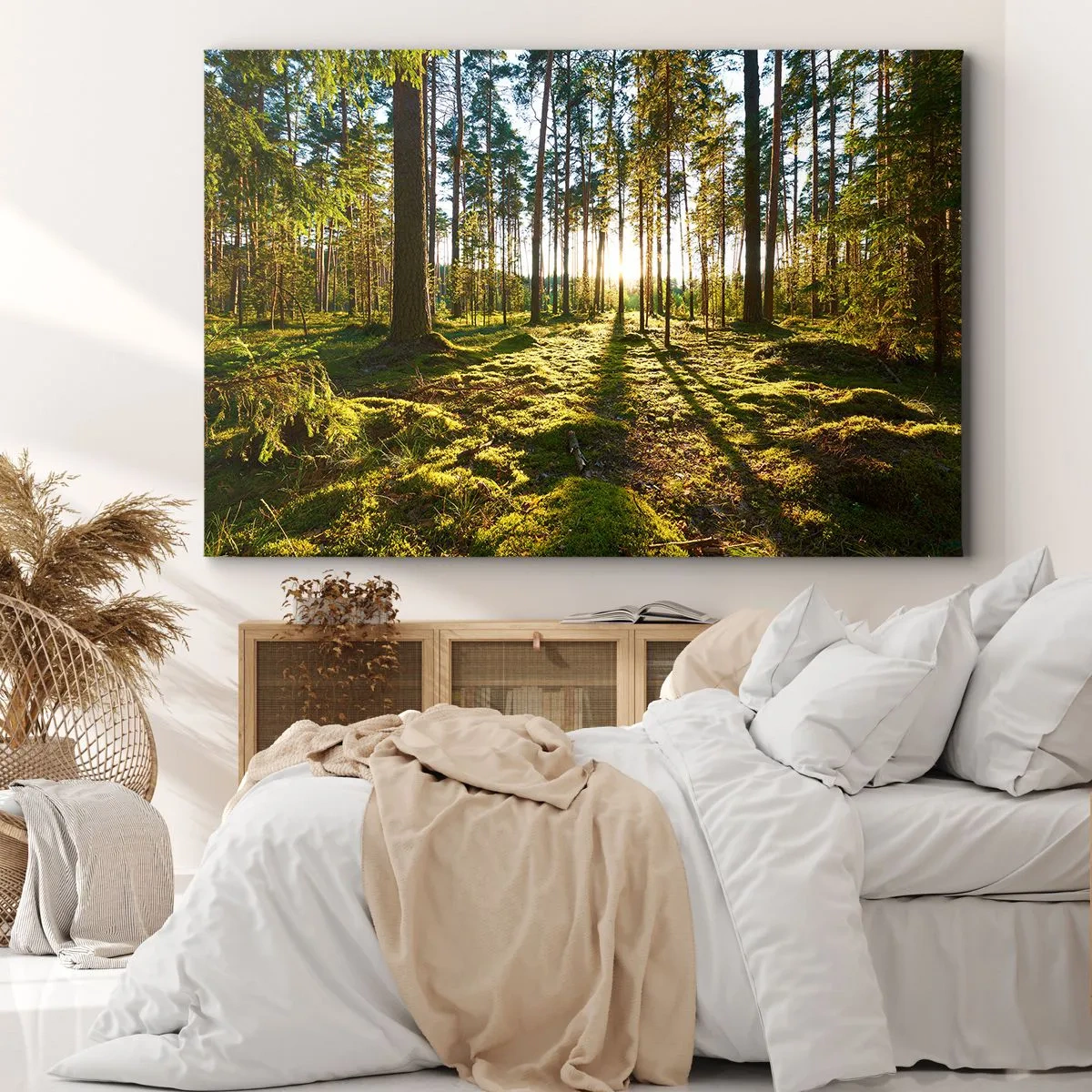 Impression sur toile - Image sur toile - Forêt verte illuminée par la lumière du soleil sur la mousse - 100x70cm - … Derrière les sept forêts - Décoration murale moderne pour le salon et la chambre ARTTOR