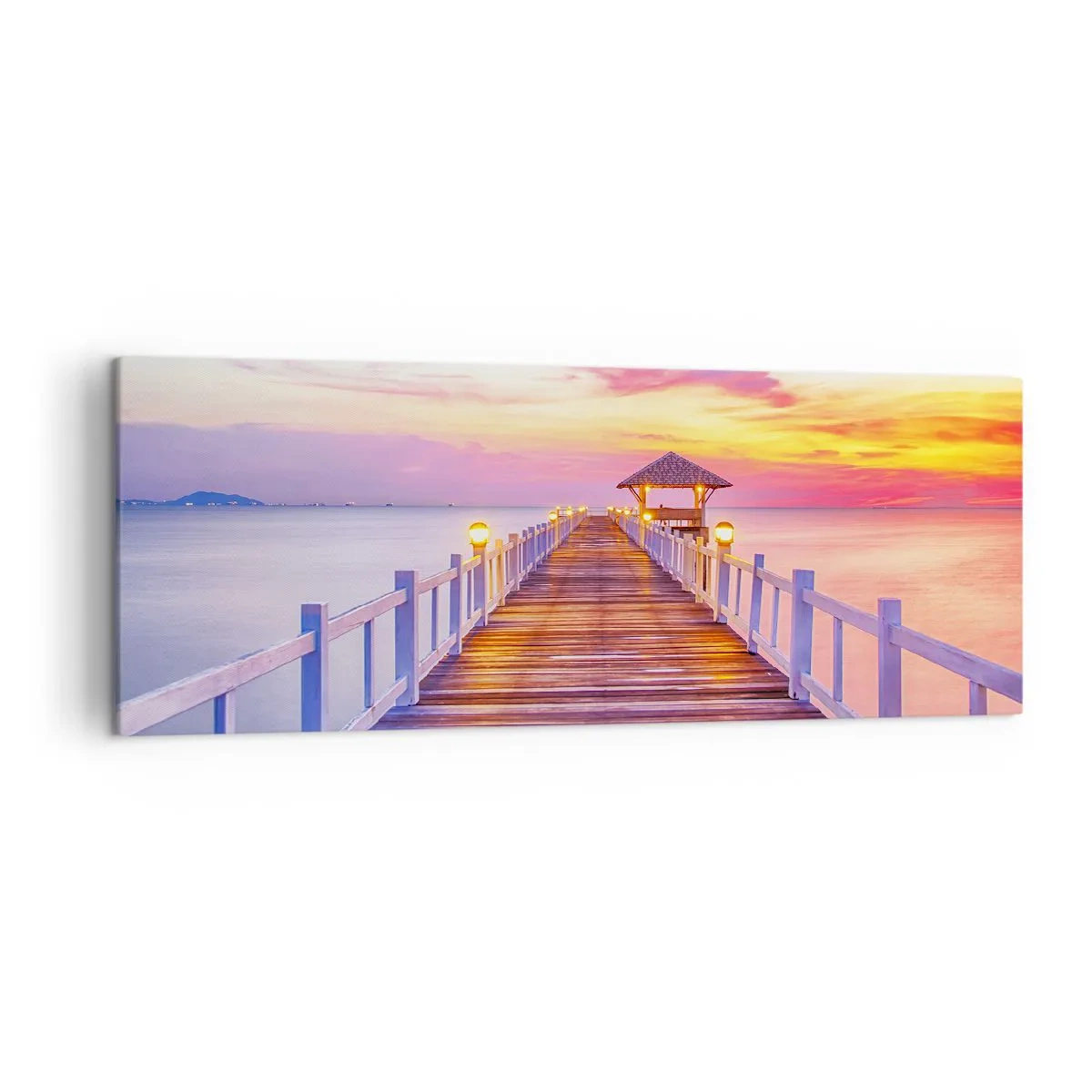 Impression sur toile - Image sur toile - Une jetée sur l'eau au coucher du soleil aux couleurs pastel - 140x50cm - Le silence lilas-doré du soir - Décoration murale moderne pour le salon et la chambre ARTTOR