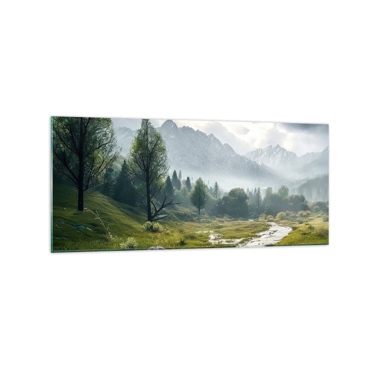 Impression sur verre - Image sur verre - Un paysage de montagne avec une rivière et des arbres entourés de montagnes brumeuses - 120x50cm - Aller et retour - Décoration murale moderne pour le salon et la chambre ARTTOR
