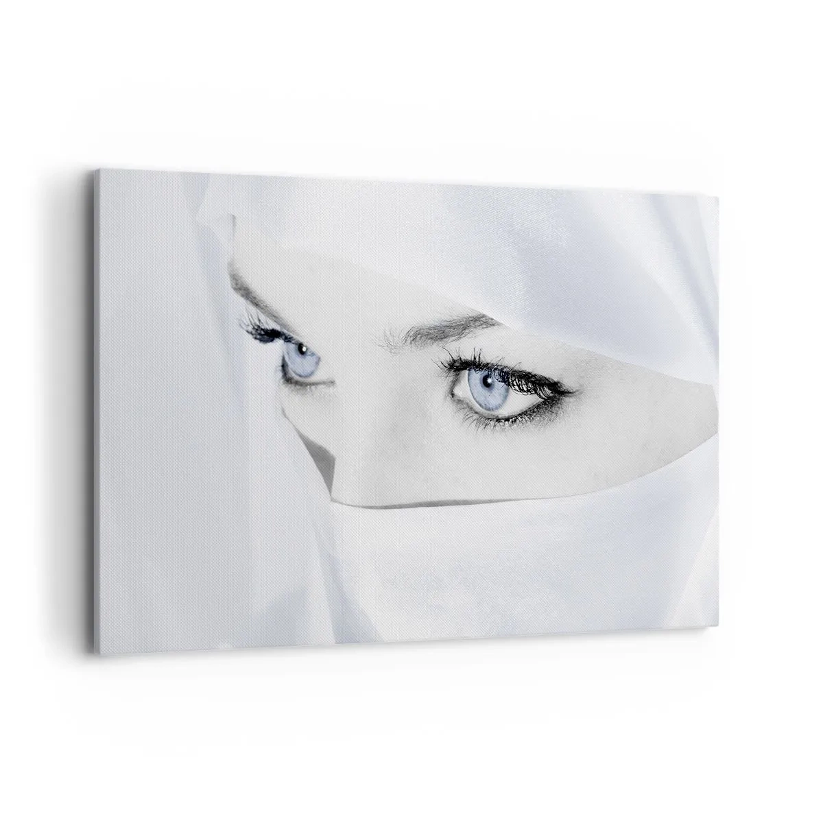 Impression sur toile - Image sur toile - Portrait d'une femme aux yeux bleus cachés derrière un voile blanc - 120x80cm - Directement des mille et une nuits - Décoration murale moderne pour le salon et la chambre ARTTOR