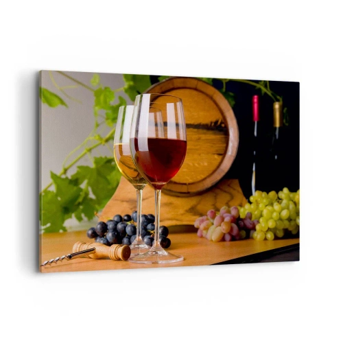 Impression sur toile - Image sur toile - Verres de vin avec des raisins, un tonneau et des bouteilles sur une table en bois - 120x80cm - Comme les vieux maîtres - Décoration murale moderne pour le salon et la chambre ARTTOR