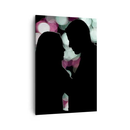 Impression sur toile - Image sur toile - Silhouettes d'un couple sur fond de lumières bokeh colorées - 70x100cm - Oui! - Décoration murale moderne pour le salon et la chambre ARTTOR
